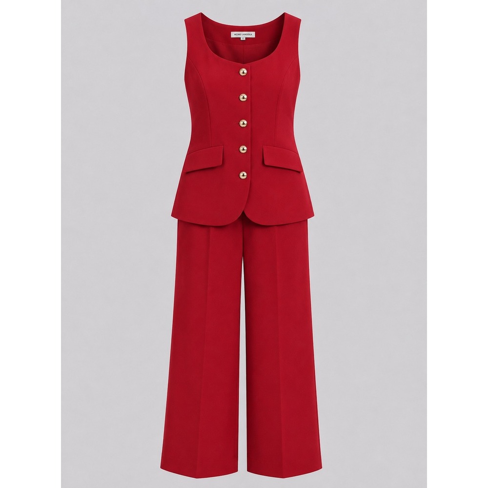 Amanda Uprichard Red Vest Accent Wide Leg Jumpsuit XS Gold Buttons USA